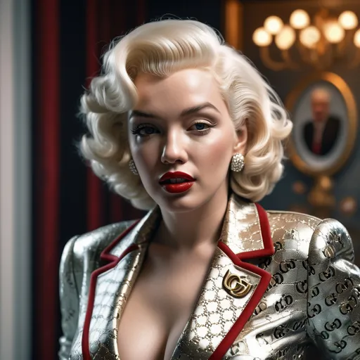 Prompt: Very detailed and hyper realistic Marilyn Monroe wearing a hyper realistic and very detailed Gucci outfit 64k, ultra hd, 3d quality  500mpx reflex 