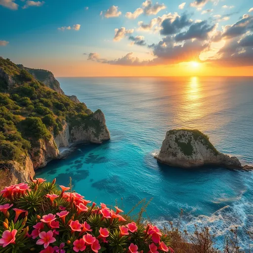 Prompt: (Saranda landscape), breathtaking coastline, (turquoise blue waters), lush greenery, vibrant blooming flowers, dramatic cliffs rising from the sea, warm sunlight illuminating the scene, serene atmosphere, picturesque beach view, rich textures and details, tranquil waves, (high quality, ultra-detailed), captivating sunset reflections on the water.