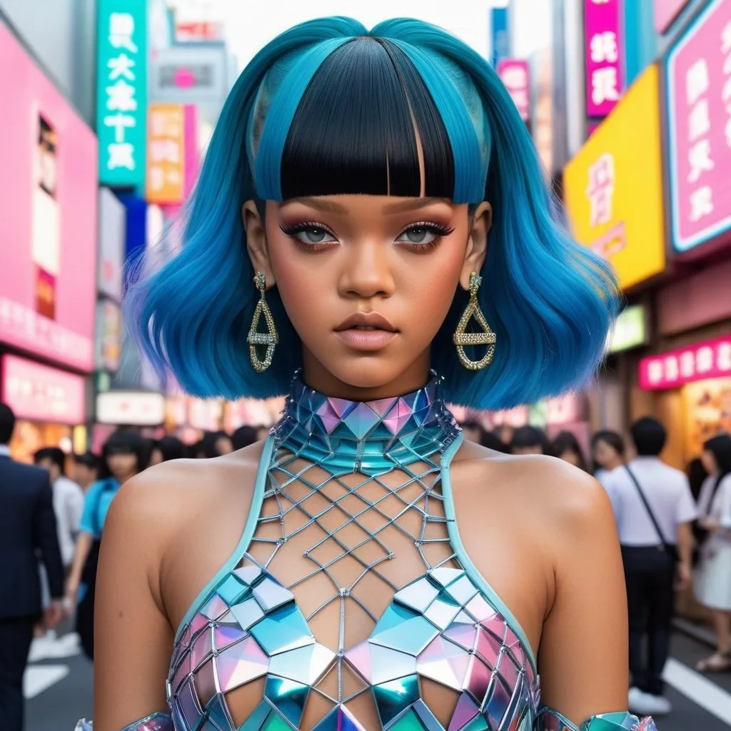 Prompt: Hyperrealistic and very detailed Rihanna harajuku girl with a hyperrealistic face and hyperrealistic hair and ultra realistic cyber dress wearing in a extremely abstract Wes Anderson Tokyo