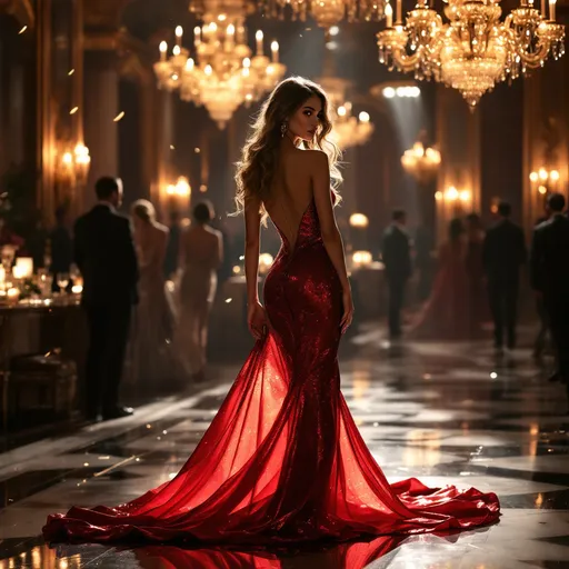 Prompt: Latex metallic burgundy dress by Gucci 
