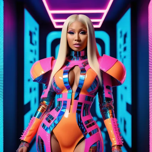 Prompt: Nicki Minaj in a (futuristic) Valentino cyber dress, shimmering textures, (vibrant colors), electric patterns, bold silhouettes, modern streetwear style, dynamic pose, (high fashion), avant-garde inspiration, ultra-detailed, HD quality, soft neon lighting, futuristic urban background, cutting-edge design elements, fashion scene atmosphere.