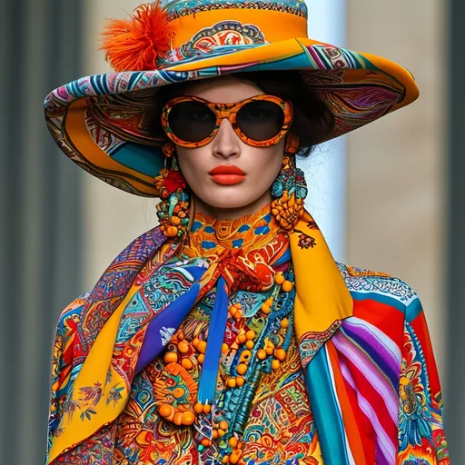 Prompt: (vibrant patterns and colors), (Etro style), intricate designs, luxurious fabrics, bohemian vibes, elegant silhouettes, rich color tones, artistic flair, stylish accessories, high fashion, whimsical textures, dynamic arrangement, bold combinations, captivating craftsmanship, upscale ambience, (ultra-detailed) integration of artistry and opulence, stunning presentation.