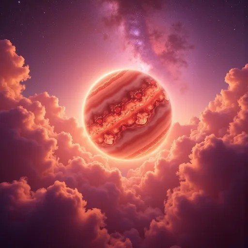 Prompt: (Venus), vibrant colors, warm glow, ethereal atmosphere, detailed planetary surface, luminous clouds swirling, cosmic backdrop, enhanced depth, dreamy, celestial beauty, high-definition, ultra-detailed, stunning variations of pink and gold, softly illuminated, captivating and serene, representing love and beauty in a mystical universe, otherworldly elements surrounding.