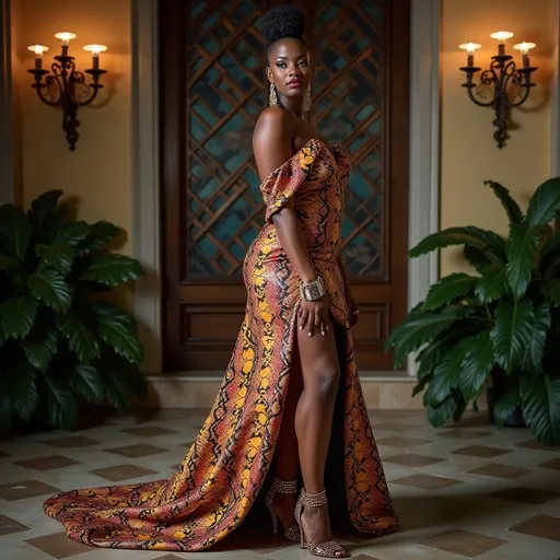 Prompt: (lively image), Lizzo in (stunning python print dress) by Roberto Cavalli, exuding confidence and charisma, (vibrant colors), (luxurious fabric texture), effortlessly positing against a chic background, capturing the essence of high fashion, atmosphere of glamour and celebration, (ultra-detailed), warm lighting that flatters the moment, showcasing bold accessories to complement the look.