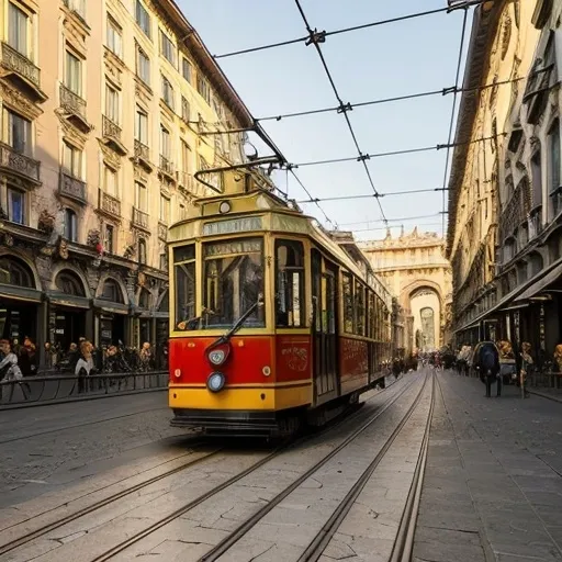 Prompt: Milan and its (iconic tram), picturesque cityscape, ornate architecture, cobblestone streets, vibrant colors, (warm), inviting atmosphere, sunlit afternoon, bustling energy, elegant pedestrians, coffee shops lining the streets, (ultra-detailed), capturing the essence of urban life in Milan, serene yet alive, breathtaking views, (high quality) imagery.