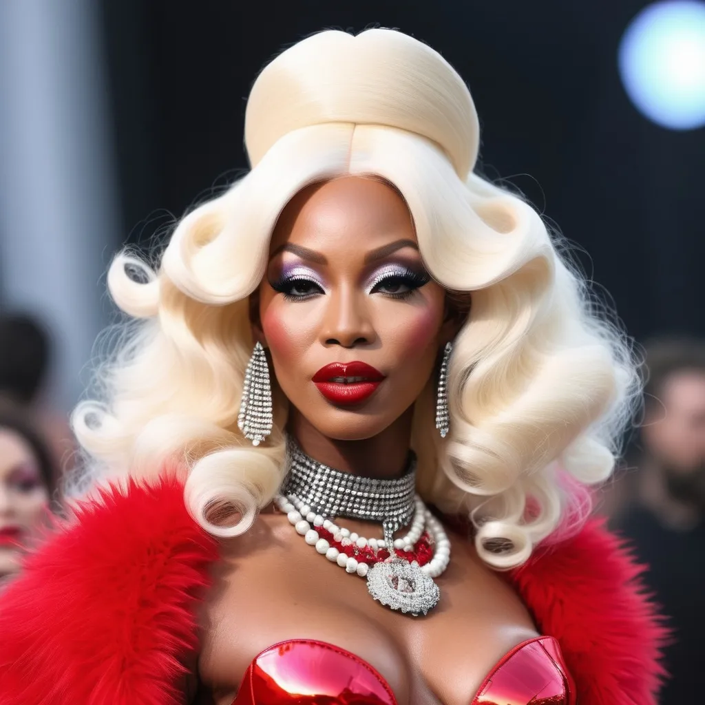 Prompt: Hyper realistic Naomi Campbell as Amanda Lepore ready with a rave party festival total look in Berlin ready to party 