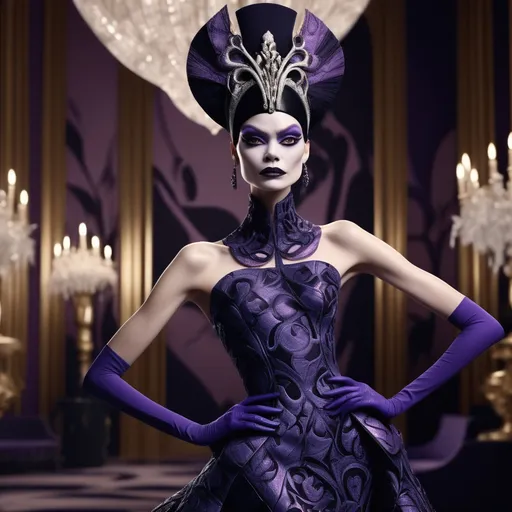 Prompt: (Yzma reimagined by Dior), (high fashion), elegant silhouette, (luxurious textures), bold colors with a modern twist, dramatic makeup, intricate patterns, avant-garde accessories, (cinematic lighting), elegant pose, ornate background, infused with enchantment and sophistication, (4K), ultra-detailed, echoing both whimsy and high-end couture aesthetics.