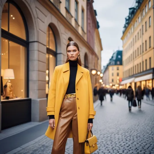 Prompt: (Fendi Look in Stockholm), fashionable model outside a chic boutique, vibrant city backdrop featuring modern architecture, stylish clothing accessories, dramatic color palette, warm lighting, bustling urban atmosphere, luxurious and trendy vibe, high-quality, ultra-detailed, photo-realistic capture, showcasing contemporary fashion elegance against the scenic charm of Stockholm.