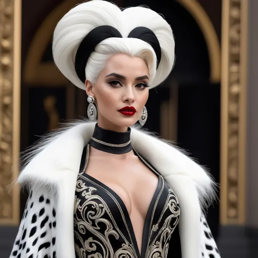 Prompt: Extremely accurated and detailed hyper realistic Cruella in a very detailed Versace dress 