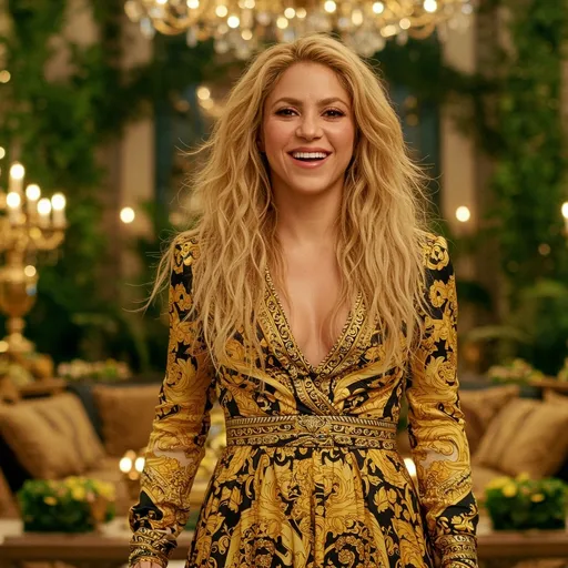 Prompt: Imagine Shakira, radiant and enchanting, standing confidently in a luxurious, opulent setting adorned with Versace's glamorous designs. The intricate patterns of her dress shimmer under soft golden lighting, casting a warm glow that accentuates her radiant features. Her hair cascades in flowing waves, catching hints of the ambient light, while her expressive eyes exude a blend of passion and joy. The background is adorned with lush greenery and lavish décor, hinting at a Mediterranean paradise. A gentle breeze ruffles her dress, creating a sense of movement and life. The scene is infused with a dreamy, surreal quality, reminiscent of high-fashion editorial photography, capturing the elegance and charisma of both Shakira and Versace in a stunning tableau.