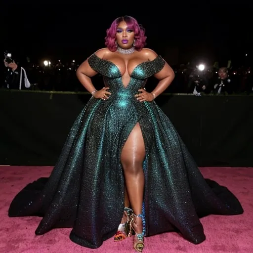 Prompt: Lizzo at Met Gala, high fashion, iconic red carpet look, vibrant and bold, paparazzi flashes, extravagant couture gown, elegant jewelry, celebrity, glamorous atmosphere, high quality, detailed, fashion illustration, vibrant colors, dramatic lighting