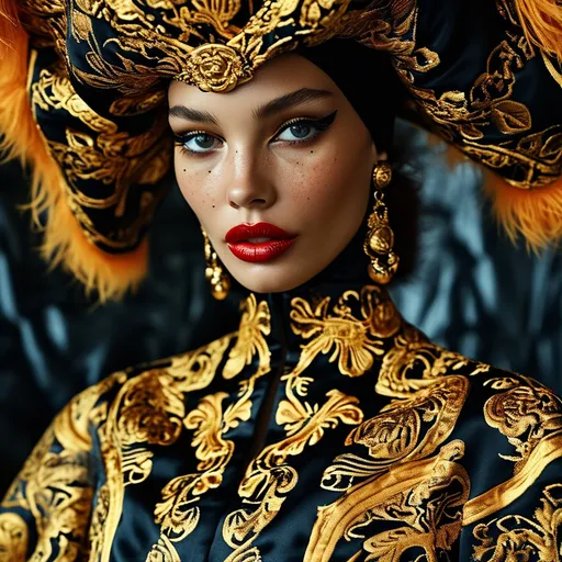 Prompt: Versace Halloween dress, (luxurious design), opulent embroidery, rich gold and black fabric, dramatic silhouette, elaborated floral patterns, shadowy ambiance, (high fashion), vibrant accents, intricate details, captivating Halloween vibe, fashionable model wearing the dress, ultra-detailed, (4K), stylish and mesmerizing atmosphere.