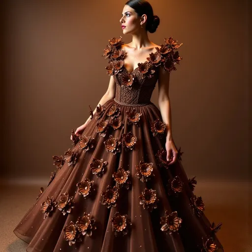 Prompt: (chocolate dress), intricate chocolate details, rich brown hues, flowing design, decadent and elegant appearance, whimsical touch, luxurious fabric texture, creative fashion statement, soft lighting, dreamy ambiance, high-quality presentation, ultra-detailed composition, artistic flair, celebrating creativity in fashion, visually stunning and imaginative design.