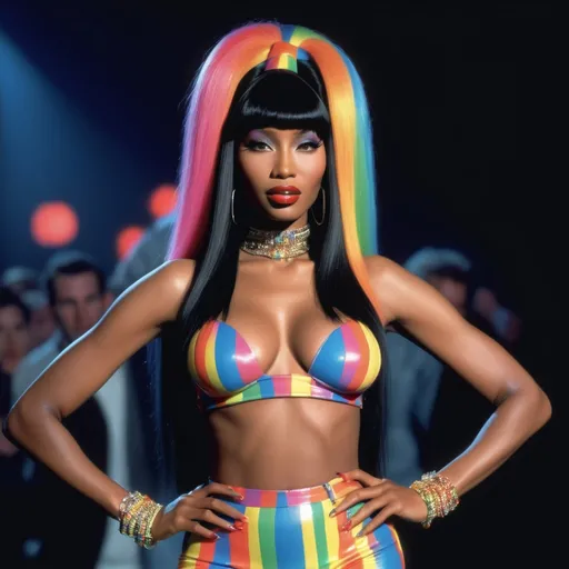 Prompt: Hyper realistic Nicki Minaj as hyper realistic Naomi Campbell wearing a very accurated and hyper realistic look as rave dancer in the 1990s in Madrid 3d quality 64k Hd
