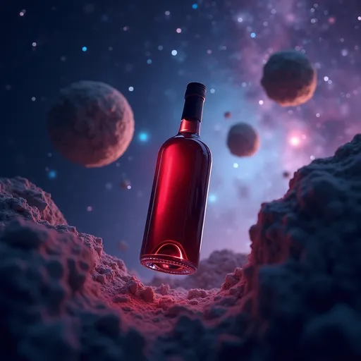 Prompt: (bottle of red wine), (floating in space), cosmic background, vibrant stars, deep blues and purples, ethereal glow, sense of mystery, ultra-detailed, high-definition, surreal atmosphere, object appearing to drift among asteroids, soft lighting illuminating the bottle, minimalist design showcasing the wine's contours, captivating overall vibe, celestial theme intertwined with elegance.