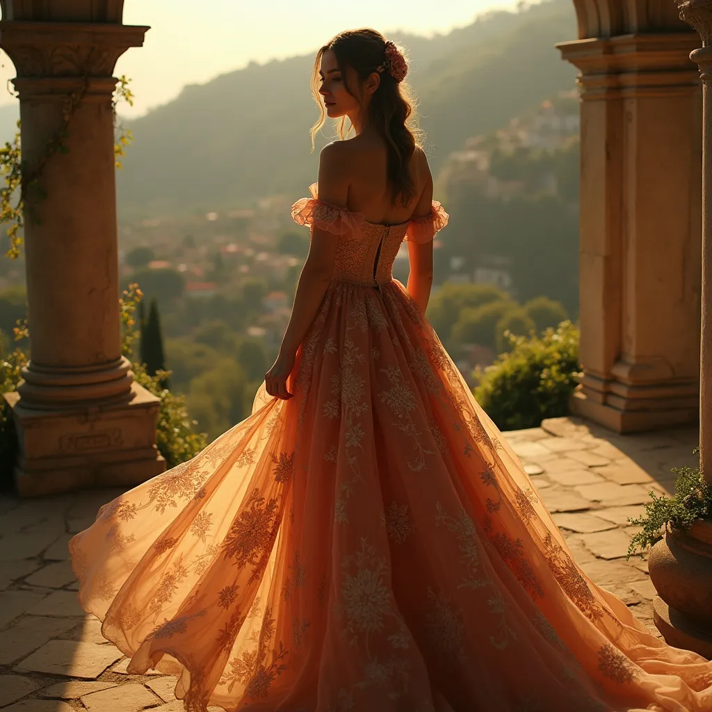 Prompt: Dress inspired by Verona, elegant design, intricate fabric patterns, flowing silhouette, rich colors of the Italian landscape, warm tones, romantic ambiance, cinematic depth, HD quality, soft lighting highlighting the dress details and textures. Captures the essence of timeless Italian beauty.