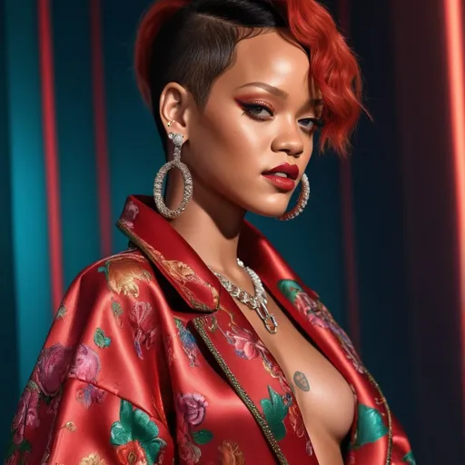 Prompt: photorealistic image of (Rihanna) showcasing (Gucci) fashion, intricate details of the outfit, vibrant colors that enhance her style, studio lighting illuminating features, close-up capturing expressions and textures, elegant ambiance radiating glamour, ultra-detailed composition with a high-quality finish, set against a softly blurred background that complements the fashion theme.