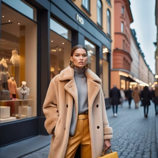 Prompt: (Fendi Look in Stockholm), fashionable model outside a chic boutique, vibrant city backdrop featuring modern architecture, stylish clothing accessories, dramatic color palette, warm lighting, bustling urban atmosphere, luxurious and trendy vibe, high-quality, ultra-detailed, photo-realistic capture, showcasing contemporary fashion elegance against the scenic charm of Stockholm.