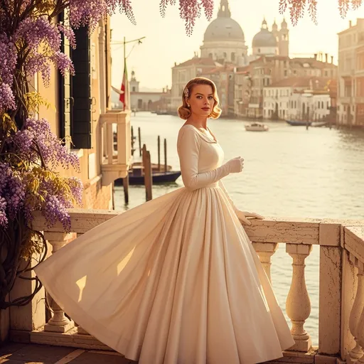Prompt: Envision Margot Robbie, embodying the elegance of Grace Kelly, poised gracefully on a sun-kissed balcony overlooking the shimmering waters of Venice. The golden hour casts a warm, ethereal glow, reflecting off the canals as delicate waves lap gently against stone. Dressed in an exquisite vintage gown reminiscent of the 1950s, the fabric billows softly in the gentle breeze, capturing the essence of classic glamour. Her expression radiates serene confidence, with soft curls framing her face, accentuated by a hint of nostalgia. Behind her, iconic Venetian architecture rises, its romantic charm intertwined with blooming wisteria. envelop the scene in a whimsical, enchanting atmosphere, inviting viewers into this picturesque moment.