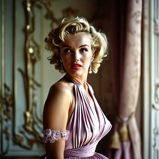 Prompt: (Marilyn Monroe wearing a glamorous Dior dress), high fashion, exquisite elegance, (soft lighting), vintage aesthetic, impeccable style, sophisticated grace, delicate facial features, flowing hair, lavish fabric details, luxurious background with stylish decor, timeless beauty, evoking classic Hollywood glamour, (ultra-detailed), cinematic quality, capturing the essence of 1950s fashion.