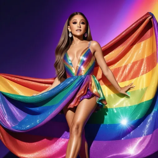 Prompt: Ariana Grande in Armani Pride Month Edition Dress, vibrant, glamorous, high quality, digital art, rainbow colors, glittering sequins, flowing fabric, joyful expression, dynamic pose, professional, stage-ready, pride flag pattern, energetic lighting