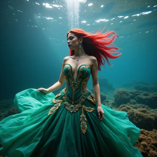 Prompt: (Ariel in Versace), stunning fashion design, elegant flowing gown, intricate details embellished with gold accents, vibrant colors, luxurious textures, captivating underwater background, shimmering sea life, ethereal light shining through water, high-fashion influence, (ultra-detailed), cinematic depth, visually striking composition, enchanting atmosphere, inspired by myth and modern elegance.