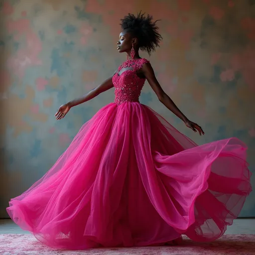 Prompt: (Alek Wek in a Valentino pink dress), elegant jump fashion pose, high-fashion portrait, (vibrant colors), striking fuchsia gown, intricate details on the dress, soft lighting highlighting textures, luxurious ambiance, abstract  background, ultra-detailed, fashion photography style, showcasing grace and beauty, emphasis on the interplay of light and fabric.