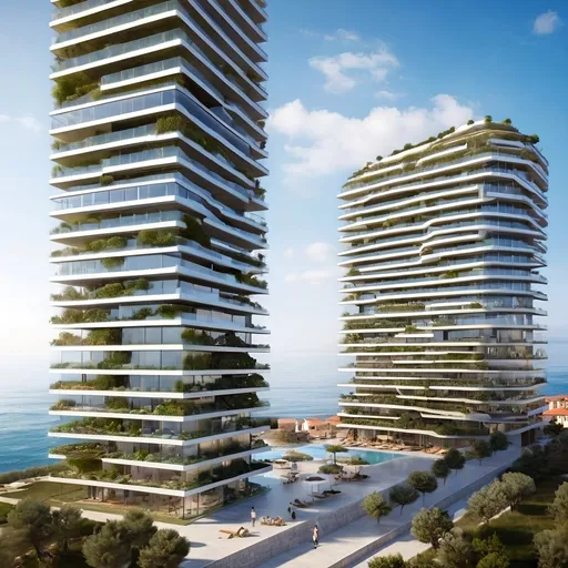 Prompt: Sustainable and smart skyscraper in an Adriatic seaside 