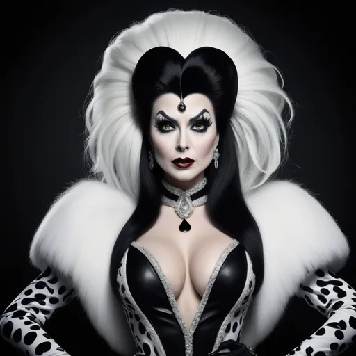 Prompt: (Creation of Elvira as Cruella), dramatic, bold contrast of black and white, extravagant and glamorous costume, sinister yet glamorous expression, long flowing hair, sharp makeup, stylish accessories, gothic elements, detailed texture, striking patterns, dark background enhancing the character, high level of detail, high quality, ultra-detailed, cinematic ambiance, vibrant and edgy visuals.