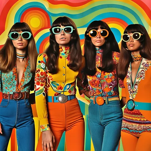 Prompt: (vintage 70s look), nostalgic style, warm color tones, groovy patterns, retro fonts, bell-bottom jeans, psychedelic swirls, iconic accessories like oversized sunglasses, vibrant atmosphere, textured backgrounds reminiscent of the era, cheerful vibe, capturing the essence of 1970s fashion and culture, ultra-detailed, high quality, perfect for evoking a sense of nostalgia.