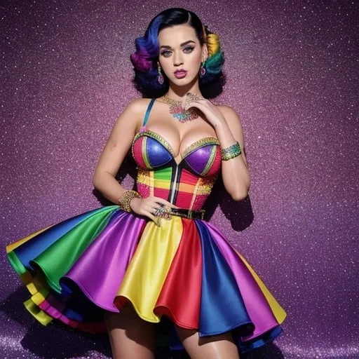 Prompt: Katy Perry in Moschino Pride Month dress, vibrant and colorful, high fashion photography, bold and confident pose, flowing fabric with intricate details, high quality, fashion photography, vibrant colors, pride month, detailed design, confident pose, professional lighting