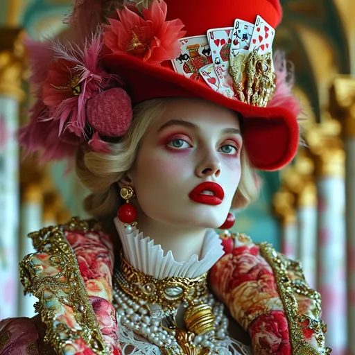 Prompt: (Queen of Hearts in high fashion), elegant attire in bold (Prada design), intricate details and lavish textures, jewel-toned colors, glamorous atmosphere, regal yet modern vibe, surrounded by whimsical playing card motifs, luxurious accessories, captivating expression, dramatic lighting highlighting the ensemble, ultra-detailed, stunning visual masterpiece.