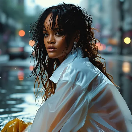 Prompt: (Rihanna), wearing a (big size white transparent shirt) clinging to her skin, (high heels) splashing through (rain) droplets, (dramatic splash effect), expressions of boldness and poise, wet hair cascading, (soft illumination) enhancing the clarity of the scene, set against a moody, (urban background) filled with reflections, capturing an (emotional and striking ambiance), ultra-detailed, (4K) quality, cinematic allure.