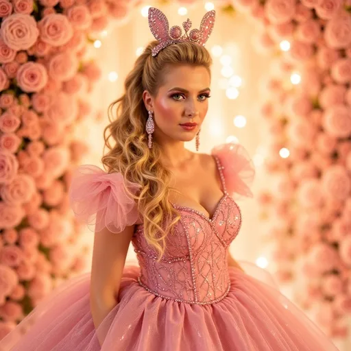 Prompt: (Glinda wearing Fendi), elegant attire, whimsical and dazzling energy, fine details of the clothing, soft pastels and luxurious textures, sparkling accessories, enchanted ambiance, dreamy background with floating bubbles and apricot-colored light, warm and inviting atmosphere, high fashion representation, ultra-detailed, vibrant with magical elements.