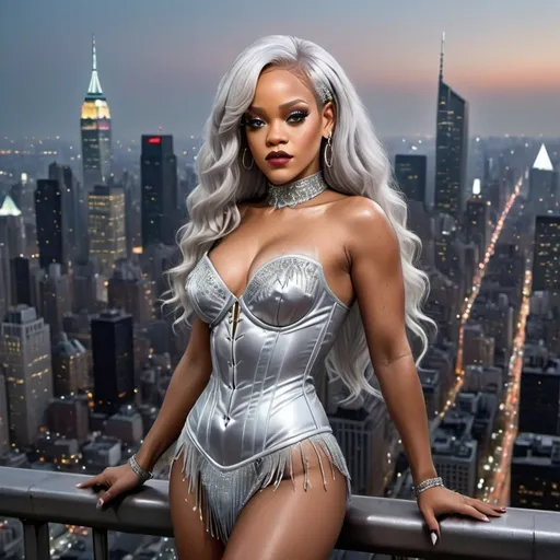 Prompt: Delicate gorgeous Rihanna buxom drag queen bodybuilder overlooking city from balcony, short stylish silver and long hair with fringe, photorealism, silver corset in a metropolitan nightscape, skyscrapers, highly detailed, 8k photo, photorealistic, delicate beauty, intricate details, city lights, atmospheric lighting