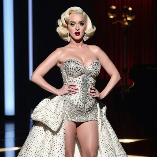 Prompt: Highly detailed image of Katy Perry as Marylin Monroe as Amanda Lepore wearing a very glamorous and high fashionable highly detailed 64k 3D dress by Saint Laurent
