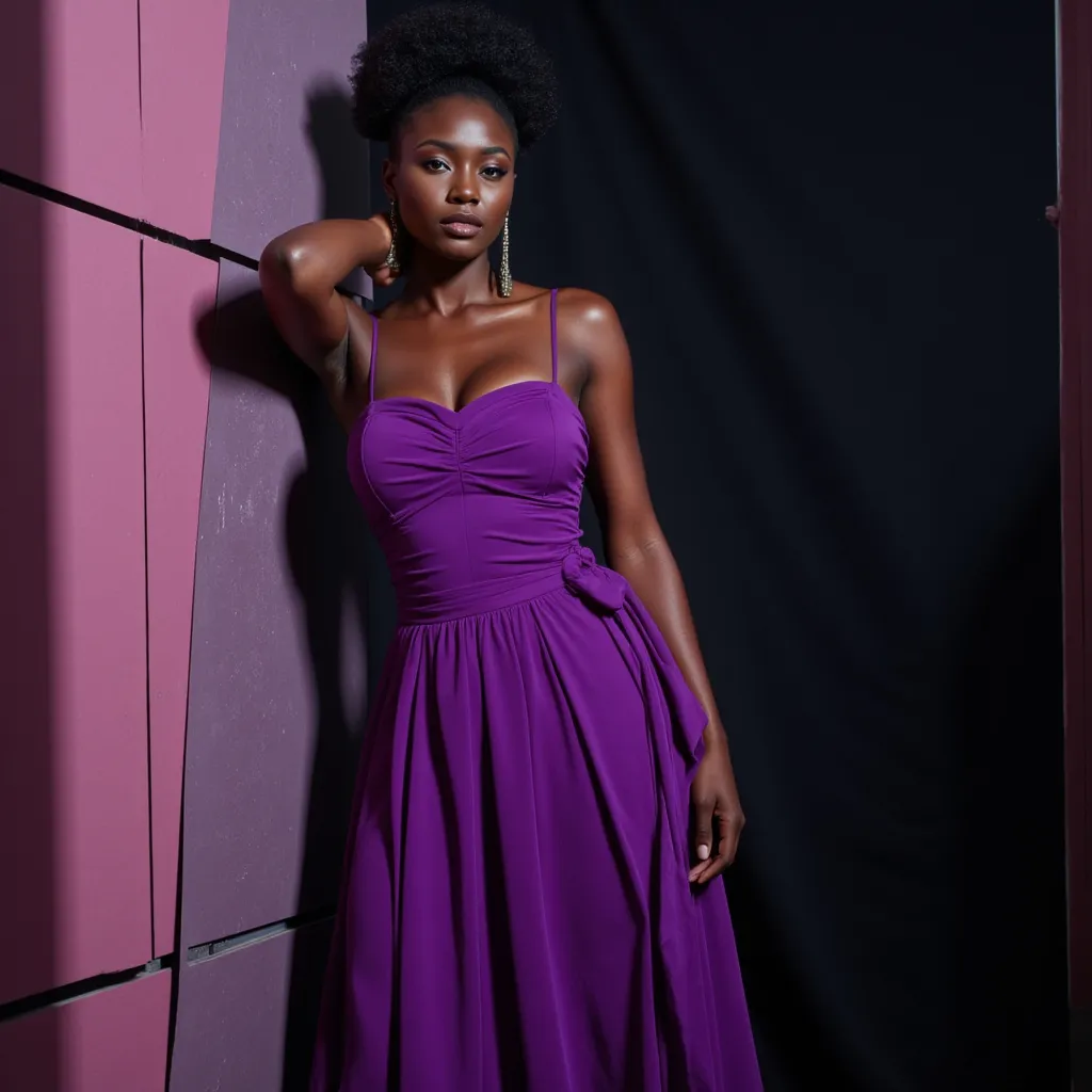 Prompt: (Naomi Campbell), wearing a (stunning Balenciaga violet Peplo dress), elegant pose, high fashion editorial style, soft gradient lighting, luxurious ambiance, (ultra-detailed), rich textures, dramatic shadows adding depth, fashionable accessories to complement the outfit, set against a (stylish modern backdrop), bringing emphasis to couture fashion.