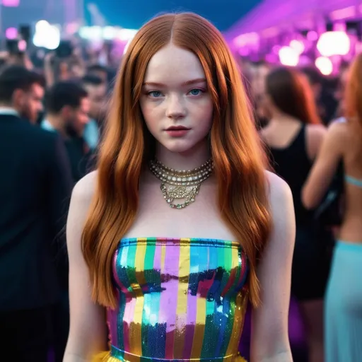Prompt: Hyper realistic Sadie Sink as Naomi Campbell ready with a rave party festival total look in Berlin ready to party 