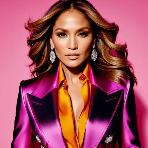 Prompt: Jennifer Lopez in Prada, high fashion photography, vibrant and bold, dramatic lighting, highres, detailed fabric texture, luxurious, fashion icon, confident expression, glossy finish, editorial, glamorous, celebrity style, vibrant colors, professional, high-quality
