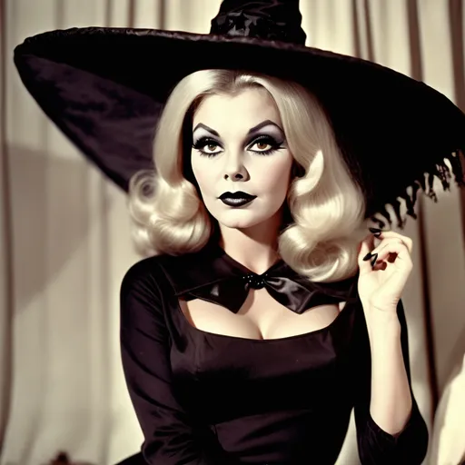 Prompt: Vintage picture of 60s Halloween hot witch