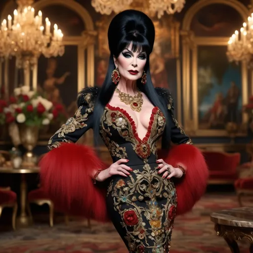 Prompt: Elvira in a (stunning) Dolce&Gabbana outfit, dramatic fashion statement, rich textures and vibrant colors, intricate details and embellishments, bold accessories, poised and confident stance, (high fashion) atmosphere, luxurious setting, sophisticated elegance, cinematic lighting, captivating background, (ultra-detailed), 4K resolution, (masterpiece).