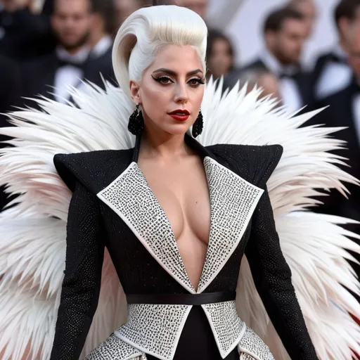 Prompt: A hyper realistic Lady Gaga as Cruella in a Alexander McQueen very detailed and accurated 64k quality HD 3D 