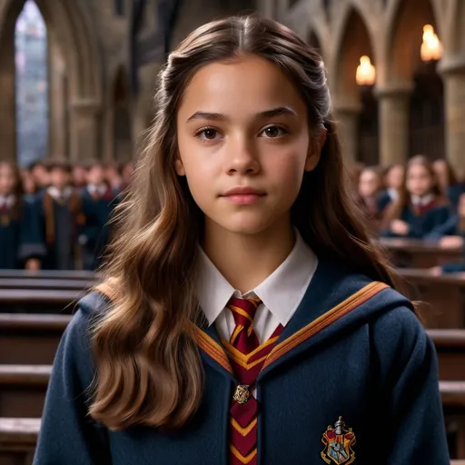 Prompt: Hyper realistic Olivia Rodrigo as a very detailed ultra hd 64k 3d quality Hermione Granger at Hogwarts background 