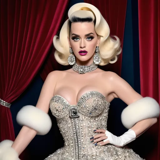 Prompt: Highly detailed image of Katy Perry as Claudia Schiffer as Amanda Lepore wearing a very glamorous and high fashionable highly detailed 64k 3D dress by Chanel