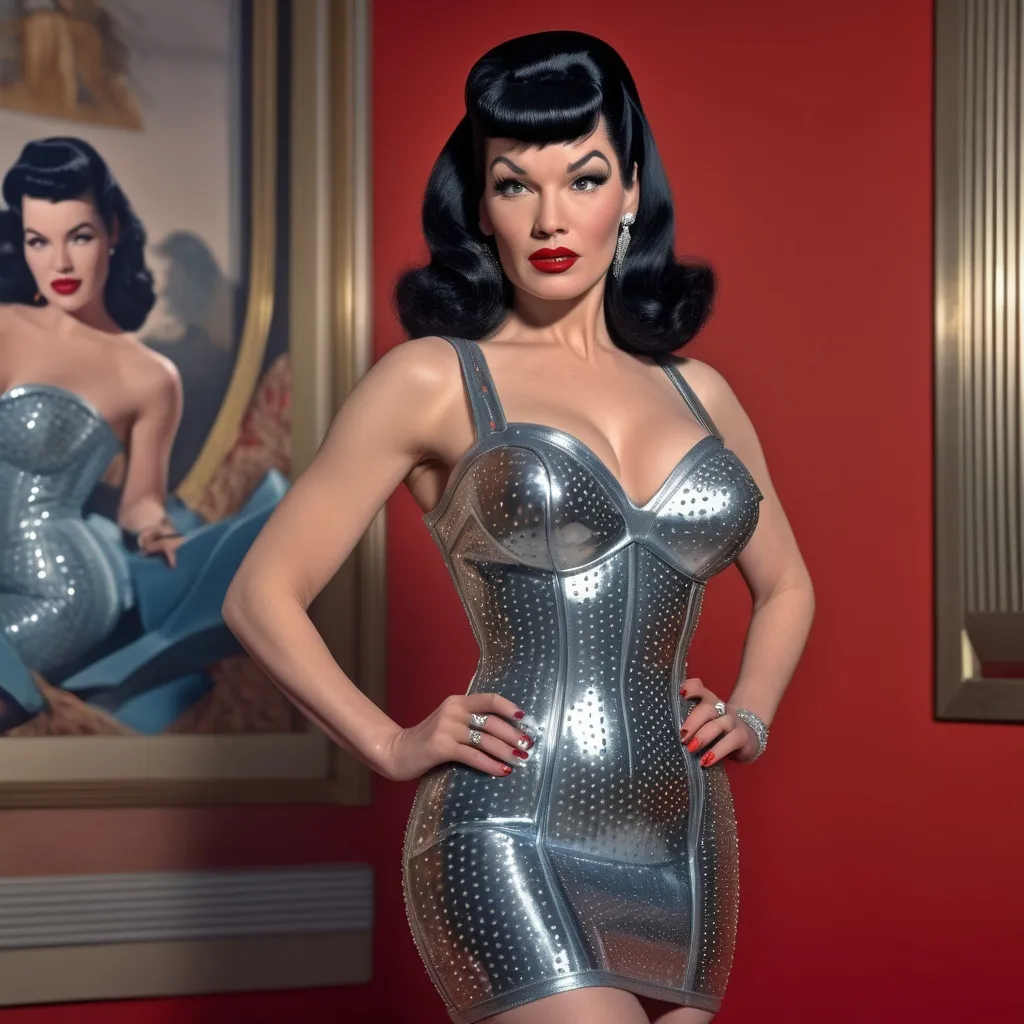 Prompt: Very detailed and hyper realistic Bettie Paige wearing a hyper realistic and very detailed Paco Rabanne dress 64k, ultra hd, 3d quality  500mpx reflex 