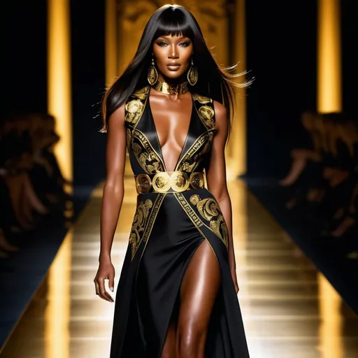Prompt: Naomi Campbell in Versace, high fashion photography, black and gold color scheme, dramatic lighting, professional high-quality, fashion photography, Versace, elegant, sleek design, iconic supermodel, powerful presence, glamorous, luxury, professional lighting, highres, detailed fabric, stunning runway look