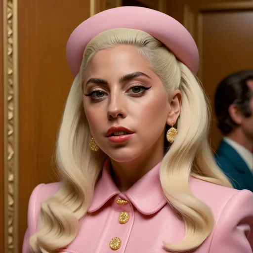 Prompt: Hyper realistic Lady Gaga wearing a Miu Miu outfit in a Wes Anderson Movie 64 k ultra hd quality 