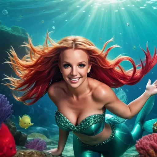 Prompt: (Britney Spears as Ariel), whimsical underwater scene, (vibrant colors), enchanting sea background, shimmering light filtering through water, Ariel's iconic tail with a glittering texture, flowing red hair, playful smile, marine life surrounding her, seagrass swaying, high-quality 4K, dreamy and magical ambiance, capturing the spirit of adventure and freedom.