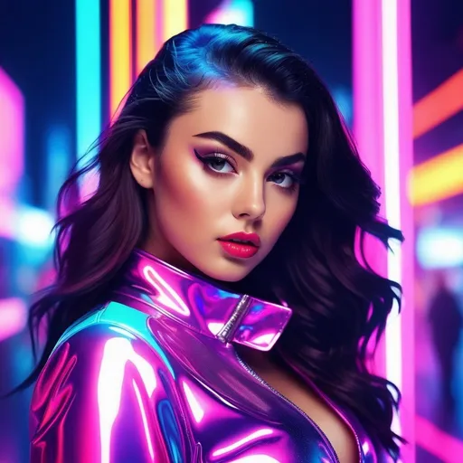 Prompt: Charli XCX in hyperpop style, vibrant colors, futuristic setting, holographic effects, high energy, neon lights, glossy textures, digital art, 3D rendering, high saturation, surreal atmosphere, hyper-detailed, pop music, dynamic pose, vibrant visuals, highres, hyperpop, futuristic, holographic, vibrant colors, 3D rendering, dynamic, surreal, glossy textures, neon lights, digital art, energetic, high saturation, futuristic setting, detailed facial features, professional lighting