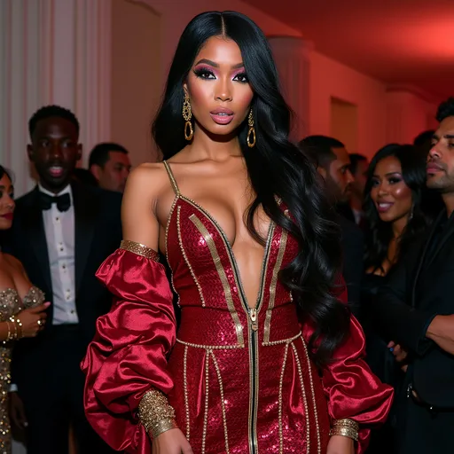Prompt: Nicki Minaj wearing Balmain glam rock dress